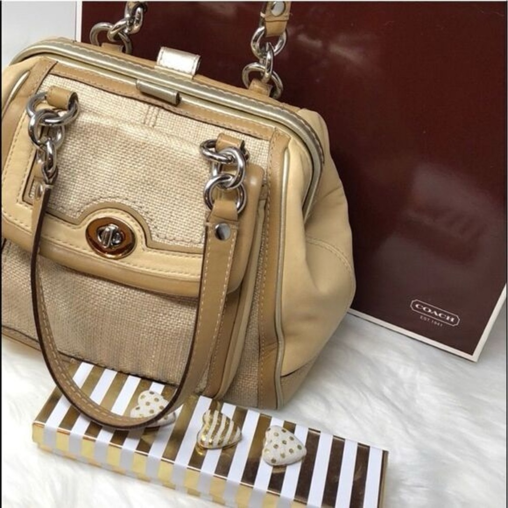Coach Bonnie Natural Straw Ashley Beige Leather Satchel